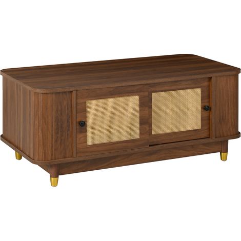 Table basse avec portes coulissantes en rotin, coins arrondis, espace de rangement, MDF, effet bois, table de salon, design moderne