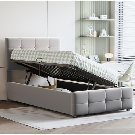 Letto contenitore bambini 90x200 cm con testiera regolabile in altezza, in velluto grigio, materasso non incluso (1/5)