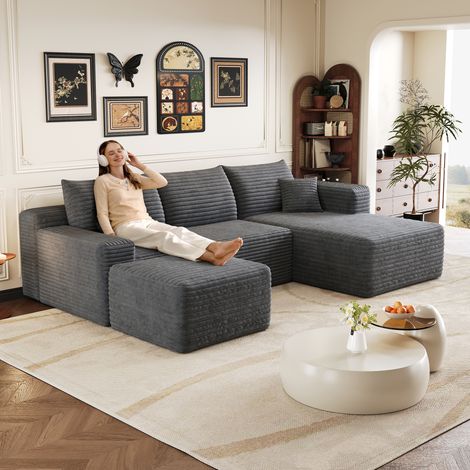 Canapé motif nuage de 241 cm, canapés modernes minimalistes recouverts, canapé d'angle confortable pour salon, assise profonde avec coin, aucun montage requis, gris foncé. (1/5)