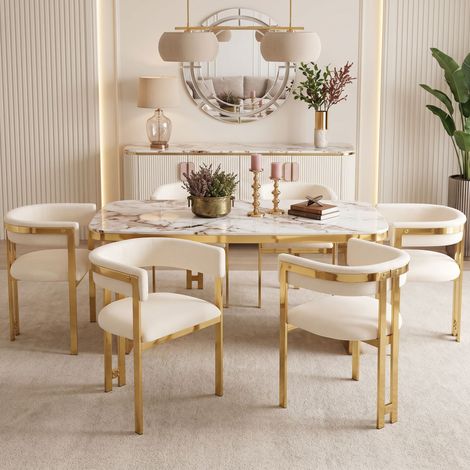 6 sillas de comedor, cómodas y transpirables, adecuadas para restaurantes, salas de estar, cafeterías y otros lugares, estilo moderno, patas de silla galvanizadas en color dorado, tela de chenilla, be (1/5)