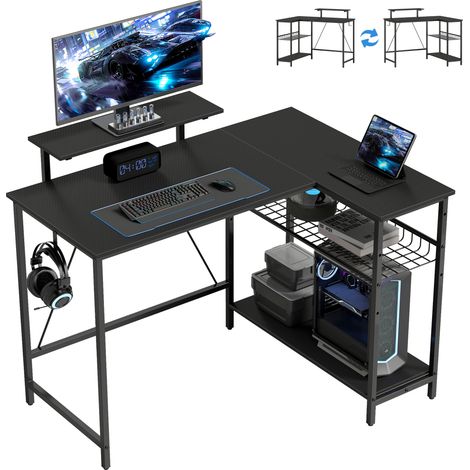 Escritorio gaming reversible, escritorio gaming de esquina, soporte para monitor, estante de malla ajustable, 114,5 x 82 x 91,5 cm, negro (1/5)