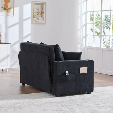 Sofá cama 139x83x58 cm negro en chenilla con USB, portavasos y bolsillos laterales (1/5)