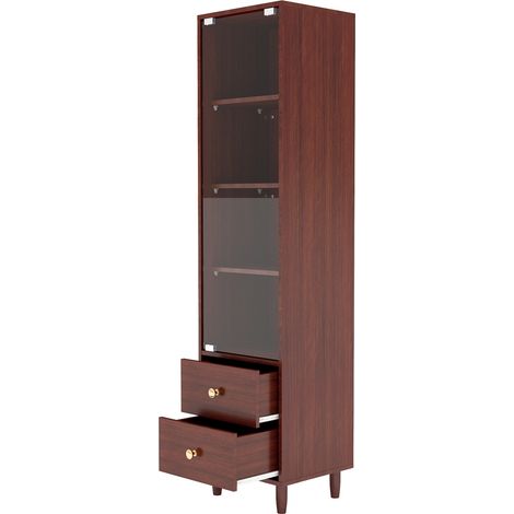 Vitrine haute avec LED, porte en verre et 2 tiroirs, meuble de rangement étroit en MDF bois foncé pour salon, salle à manger ou bureau – CHICFURN (1/5)