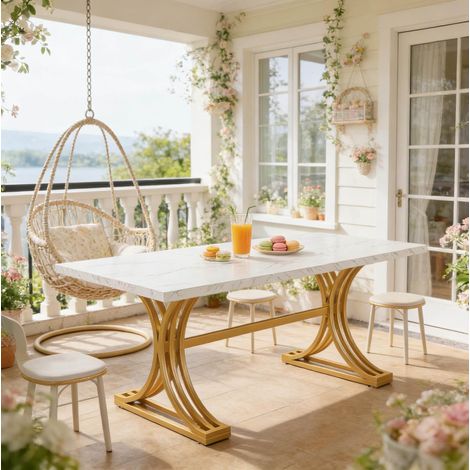 Mesa de comedor 160 x 80 cm en mármol y metal blanco y dorado HAVRYA (1/5)