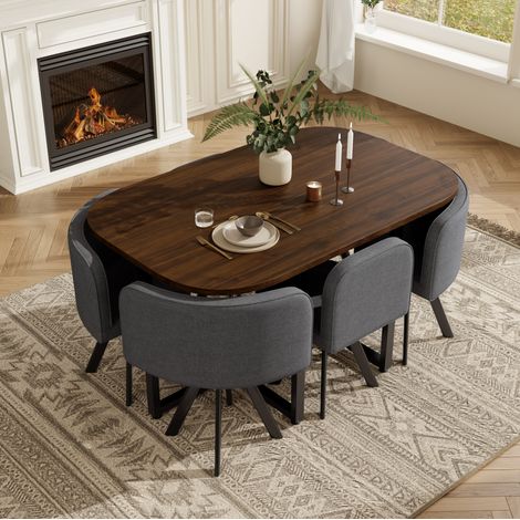 Essgruppe aus MDF und Leinen in Grau, 6-Sitzer, 140 x 90 cm, platzsparend (1/5)