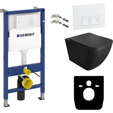 Duofix Basic Vorwandelement + Wand Tiefspül WC Onil Schwarz Spülrandlos + Bedienplatte Delta 25 Weißer Knopf Komplettset Unterputz