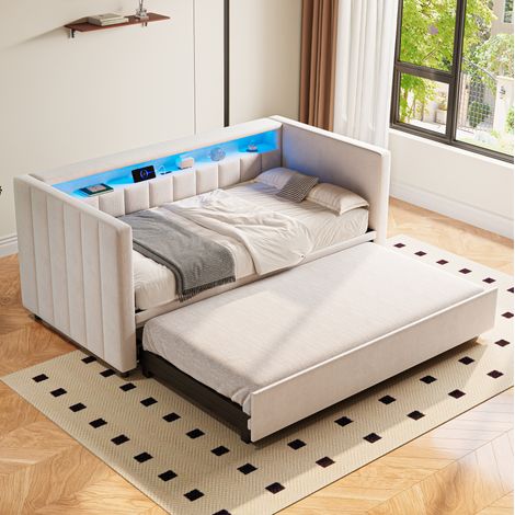 Sofá cama extensible (201x100-192x73 cm), con iluminación LED, puerto USB Type C, terciopelo beige (1/5)