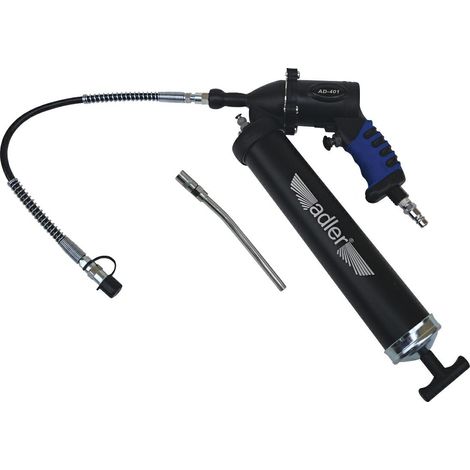Adler Engrasadora neumática multipunto AD-401, herramienta de alto rendimiento para mantenimiento, flujo uniforme, diseño ergonómico, máxima resistencia y compatibilidad neumática, color metálico.