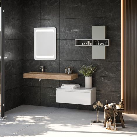 Kiamami Valentina – Composition suspendue salle de bain avec lavabo HPL 100 cm – Tiroir 80 cm – Antibactérien et résistant à l'usure – Finition chêne miel (1/5)