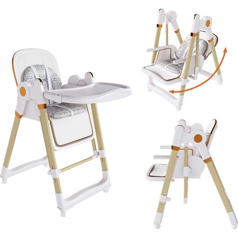 Chaise haute bébé 2-en-1 avec fonction balançoire, harnais 5 points, roulettes freinables, tablette amovible et réglable en hauteur, blanche (1/5)