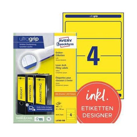 AVERY ZWECKFORM Ordnerrückenetikett Avery Zweckform ultragrip breit/kurz 61 x 192 mm (B x H) selbstklebend ohneGriffloch gelb 400 Etik./Pack. (1/4)