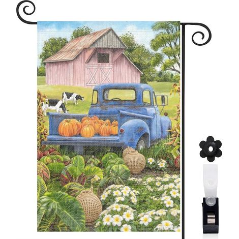 Drapeau de jardin automne 30 x 45 cm motif camion et citrouilles style ferme toile double face extérieure (1/5)