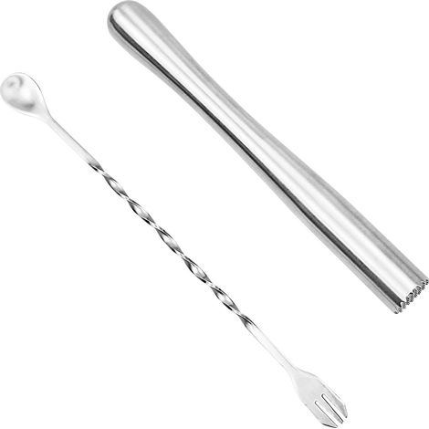 2-teiliges Cocktailbar-Set mit Stößel, Cocktail-Rührlöffel, Barlöffel, Barzubehör, Edelstahl, ideal für Barkeeper