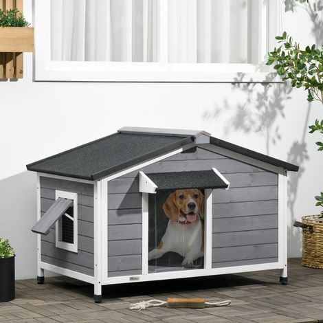 Caseta para perros PawHut de madera maciza, resistente a la intemperie, techo de asfalto, suelo desmontable, 109 cm x 79 cm x 72 cm, gris + blanco