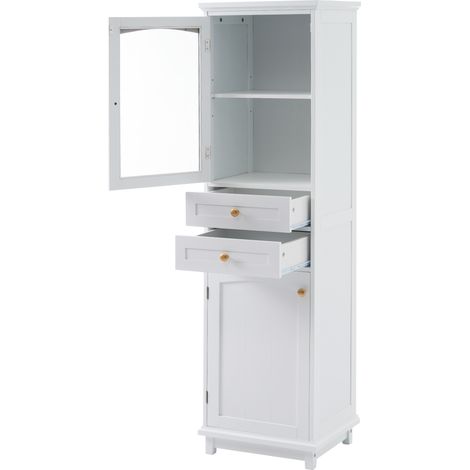 Armoire de salle de bain 45x36x160 cm MDF blanc avec portes en verre, 2 armoires, 2 tiroirs, poignées dorées (1/5)