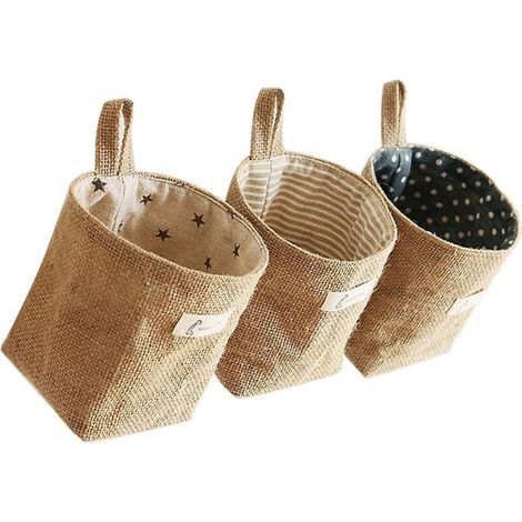 Cesta de almacenamiento de algodón y lino, caja de almacenamiento plegable de lino de 3 piezas, bolsa de almacenamiento colgante, para juguetes, maquillaje, objetos pequeños, llaves, papel higiénico, (1/4)