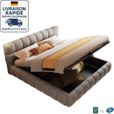 MODFU-Letto contenitore per adulti 140x200cm, idraulico, letto matrimoniale imbottito, velluto, materasso non incluso, grigio (1/5)