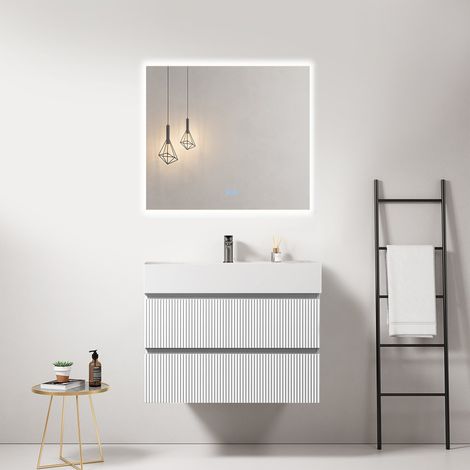 Mobile bagno sospeso cannettato 80 cm Bianco Lavabo in Resina Specchio Quadro Retroilluminato - Fiji Paint (1/4)