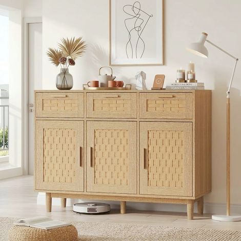 Buffet Bas Bahut 115x40x80 cm avec 3 Tiroirs et 2 Portes en Bambou Tressé, Meuble de Rangement Cuisine Salle à Manger, Pieds Cylindriques - Naturel