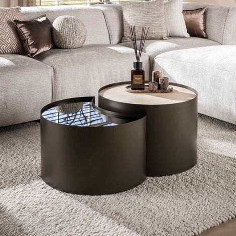 Lot de 2 tables basses en céramique effet travertin et métal bronze (1/4)
