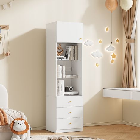 REDOM - Vitrine de rangement - 50x40x180 cm - étagères en verre réglables - 3 tiroirs - MDF et verre - blanc (1/5)