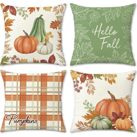 Fundas de cojín decorativas de otoño con estampado de calabazas y hojas de arce, ideales para la temporada otoñal y la época de la cosecha. Juego de 4 fundas, 45 x 45 cm. (1/4)