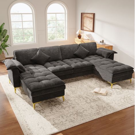 Sofá rinconero en U modular de 4 plazas, 2 chaise longues, chenilla gris, OKWISH (1/5)