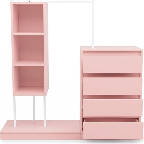 Armario ropero con cajones y barra para colgar, chipboard y metal, rosa, 140 x 40 x 135 cm (1/5)