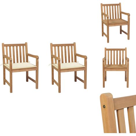 Gartenstühle - Living Gartenstühle 2 Stk. mit Cremeweißen Kissen Massivholz Teak (1/5)