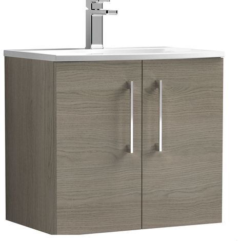 Balterley Modern Bathroom Wall Hung 2-Door Vanity & Curved Basin, Solace Oak, 600mm