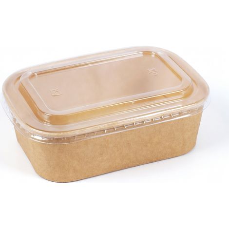 Bol rectangulaire en kraft brun 650 ml avec couvercle transparent