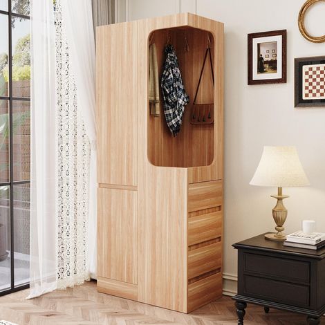 Armoire de chambre penderie 70x40x170 cm, Garde-robe gain de place avec 4 tiroirs et tringle ouverte, Bois naturel