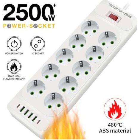 Multiprise USB 10 Prises avec 4 Ports USB Chargeur de Voyage (5V3.1A) 1 USB C,Multiprises Electrique 2500W 10A avec Cable 2m,Maison, Bureau-Blanc (1/4)