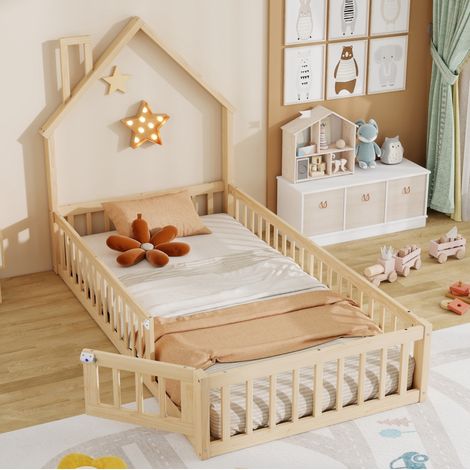 MEUBLIV Cama cabaña 90x200 cm natural – techo chimenea y barreras, sin colchón (1/5)