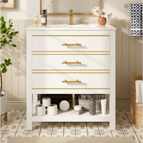 Mueble de baño con lavabo de cerámica blanco y dorado, 76 cm, 2 cajones, OKWISH (1/5)