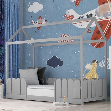 Letto singolo 90 x 200 cm in legno, Letto a castello rete a doghe, anticaduta, grigio (1/5)