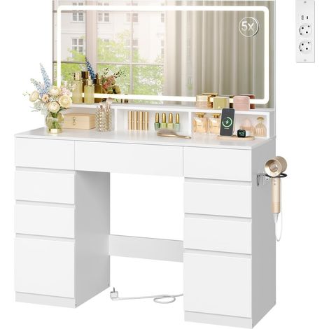 Woltu – Coiffeuse enfant blanche avec grand miroir LED – 9 tiroirs et 3 étagères – station de charge avec multiprise – bois d'ingénierie E1