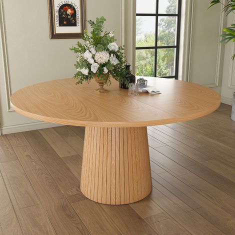 Tavolo da pranzo rotondo 110 cm stile country, piano MDF impiallacciato rovere, base cilindrica (1/5)