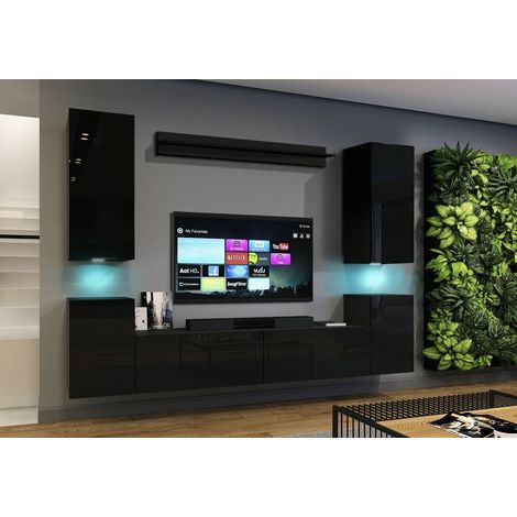 Ensemble meuble TV CONCEPT 64-64-HG-B-1-1A noir brillant 240 x 35 x 173-200 cm (1/2)