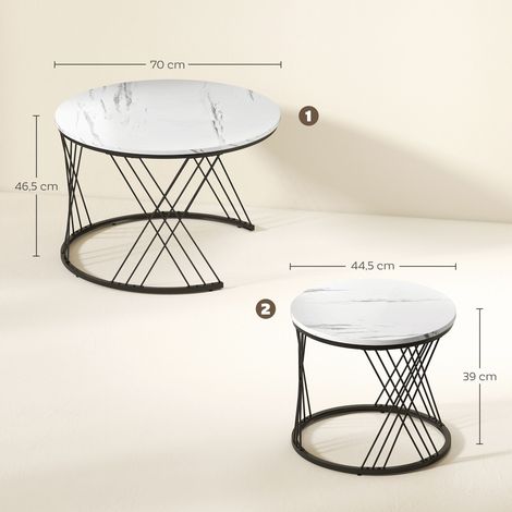 Couchtische im 2er-Set, Marmoroptik, Spanplatte, Metall, runde Kaffeetische für Wohnzimmer, ineinanderstellbar, Weiß (1/5)