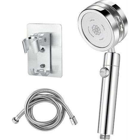 royaluxe - Pommeau de Douche Turbocompressé Argent avec Tuyau 1.5 m et Support de Douche sur Mur, Un Bouton de Interrupteur, Pommeau de Douche Amovible et Facile à Nettoyer (1/5)