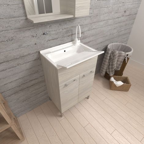 Pila De Lavandería 50Cm Con Tabla De Lavar Y Puertas De Roble Gris Práctico