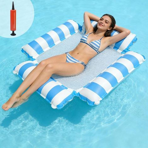 Hamac Piscine 4 en 1 Bouee Adulte XL Matelas Piscine Filet Bleu Clair Hamac Gonflable avec Filet et Pompe à Air Matelas Gonflable Plage Pliable pour Adultes et Enfants et Plage (1/5)