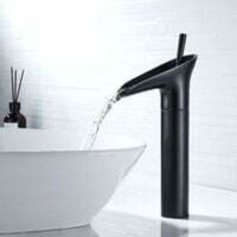 Robinet noir pour lavabo salle de bain – Robinet cascade design rétro, mono-commande, hauteur élevée, compatible avec lavabo suspendu, en laiton massif, finition noire mate (1/5)