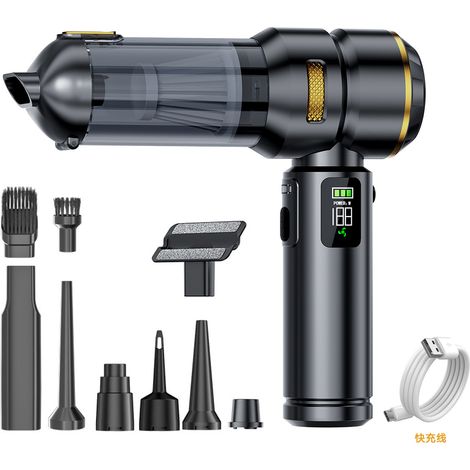 Aspirateur portatif sans fil 4 en 1, puissant aspirateur de voiture 32 000 Pa avec écran LCD, moteur sans balais, 3 vitesses, 300 000 tr/min, mini aspirateur pour voiture et bureau (noir et or) (1/5)