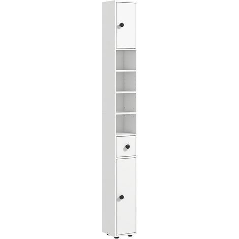 Colonne de Salle de Bain Meuble Rangement Haut 1 Tiroir 2 Placards 4 Niches Étagères Réglables 20x20x180 cm Blanc (1/5)