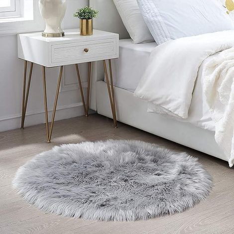 Tapis HEQUN en fausse fourrure de mouton synthétique, imitation laine véritable, coussin de canapé en laine artificielle de luxe (gris rond, 60x60 cm) (1/5)