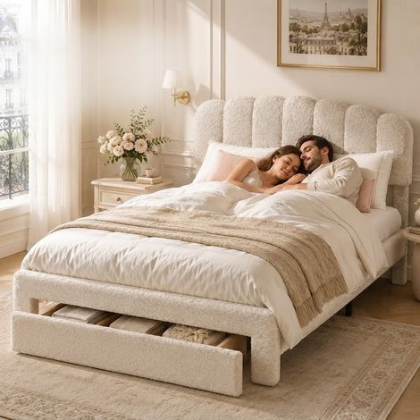 Lit double 160x200 cm avec sommier, lit 160x200 rembourré avec tiroir, tête de lit réglable en hauteur avec 2 ports USB + 1 port Type-c, velours teddy beige (1/5)