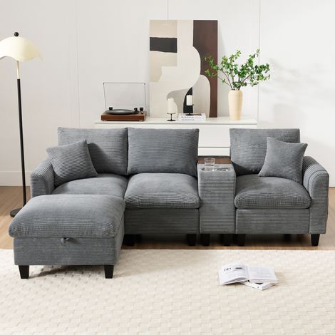 Sofá esquinero modular 229x149,5x83 cm de tela acanalada gris, con almacenaje, FloraGrace (1/5)