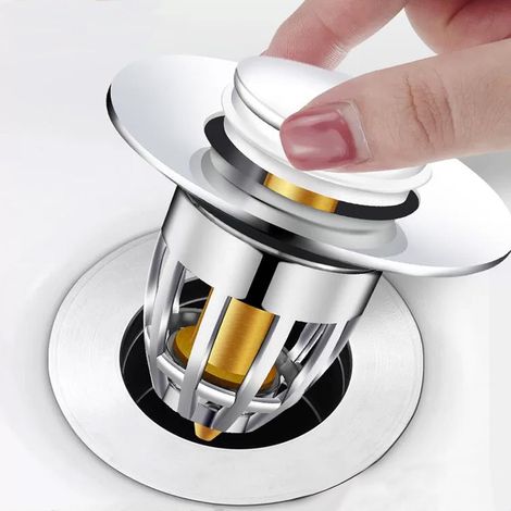1 Bonde de lavabo, mécanisme à bouton-poussoir, filtre anti-obstruction acier inoxydable, finition chromée, salle de bain (1/5)